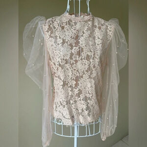 Peach lace beaded blouse puff sleeves festive blush size S